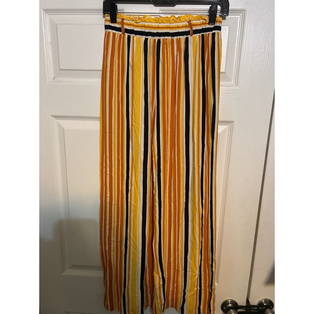 New Look Womens‎ Wide Leg Striped Pants Yellow Orange Black White Size M Boho